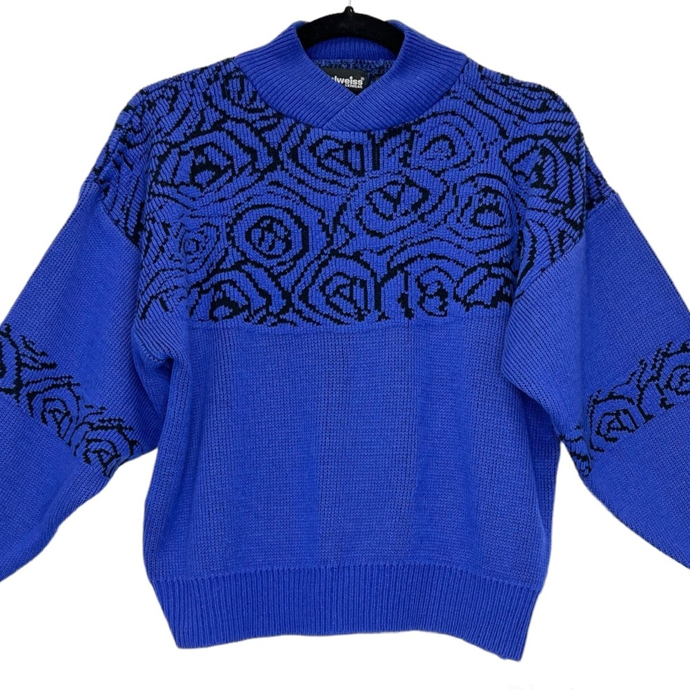 Edelweiss Skiwear Vintage Graphic Knit Sweater Size Small Blue Black Grannycore